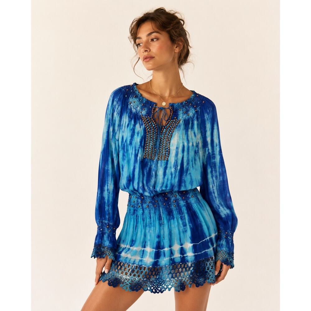 VTG Faith‎ Indigo Tie Dye Beaded Boho Mini Dress Crochet Hem Festival S